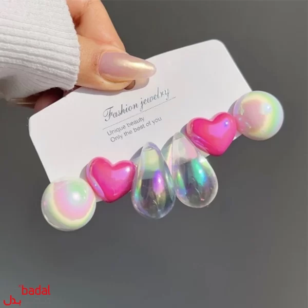گوشواره سه جفتی مدل قطره و قلب شبرنگ